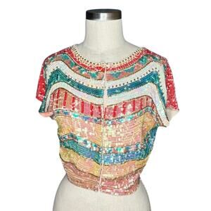 SEAN COMBS Sequined Multi Colorful Cropped Beaded Sequin Cardigan Sweater Medium